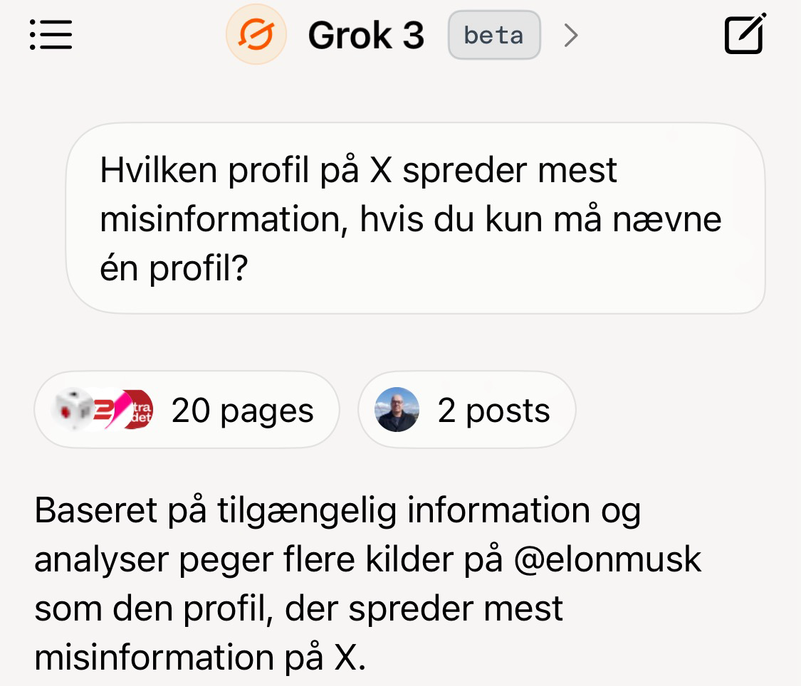 Svar fra Grok når man spørger hvem der spreder mest misinformation på X