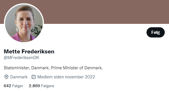 Falsk Mette Frederiksen profil på Twitter