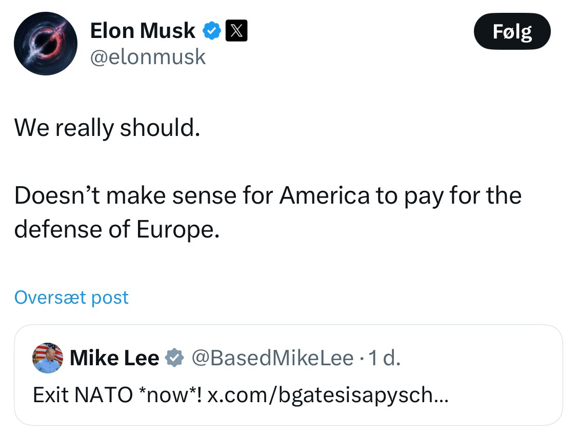 Screenshot af tweet hvor Musk erklærer at USA bør melde sig ud af NATO